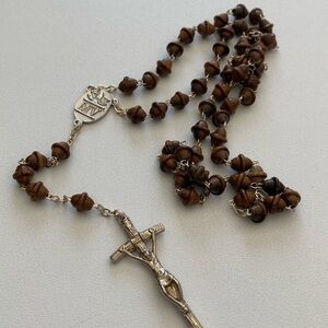 Vintage Rosary with Silver Crucifix and Brown Wood Beads